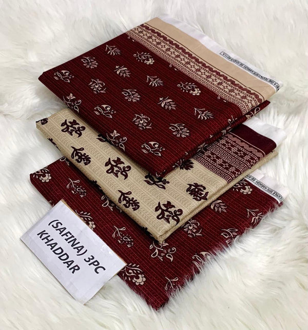 Safina Printed Khaddar 3 Piece (Unstitched) – Shirt, Dupatta & Trouser